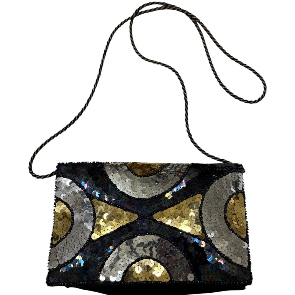 Vintage Sequin Geometric Evening Bag β Metallicβ Arcs & Rope Strap